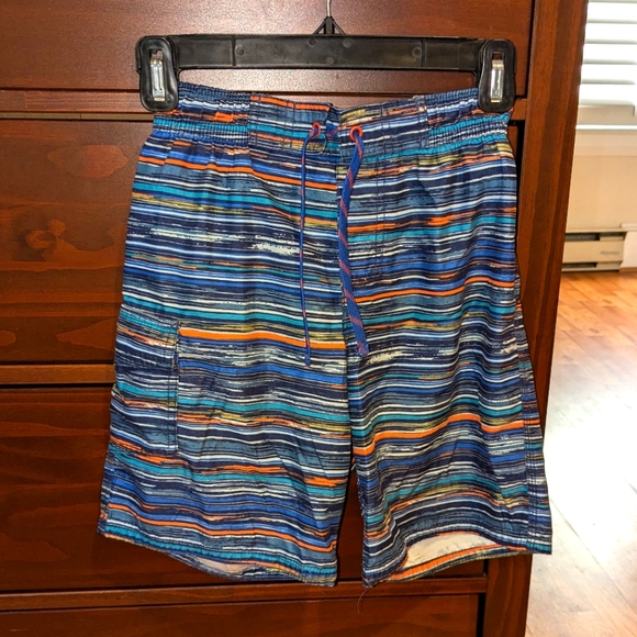 LL Bean boys swim trunks size 8 blue orange stripes - Picture 1 of 3